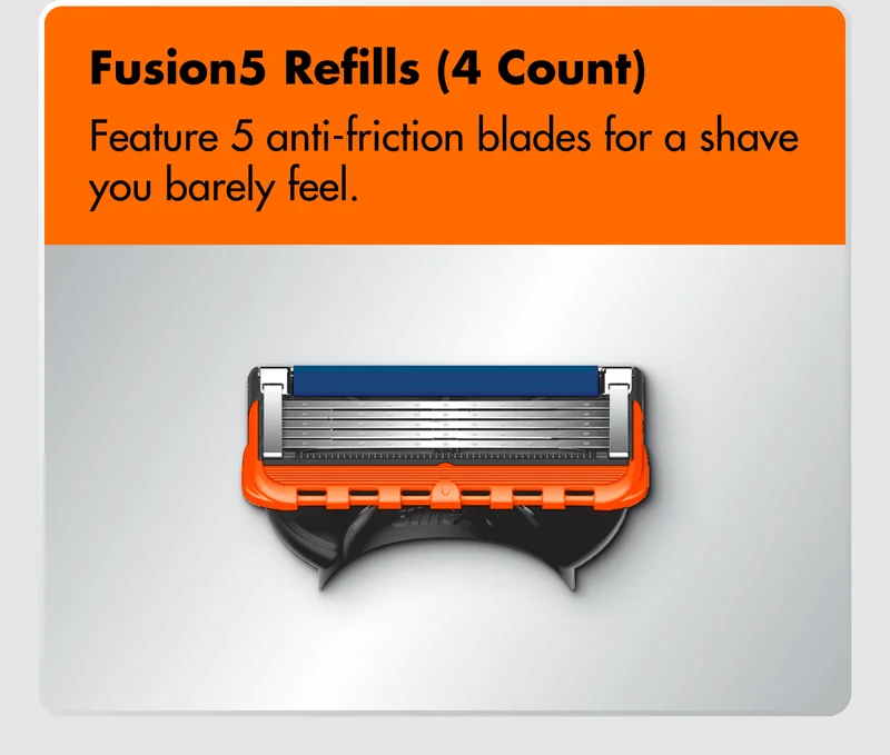 Fusion5 Refills (4 Count) Feature 5 anti-friction blades for a shave you barely feel.