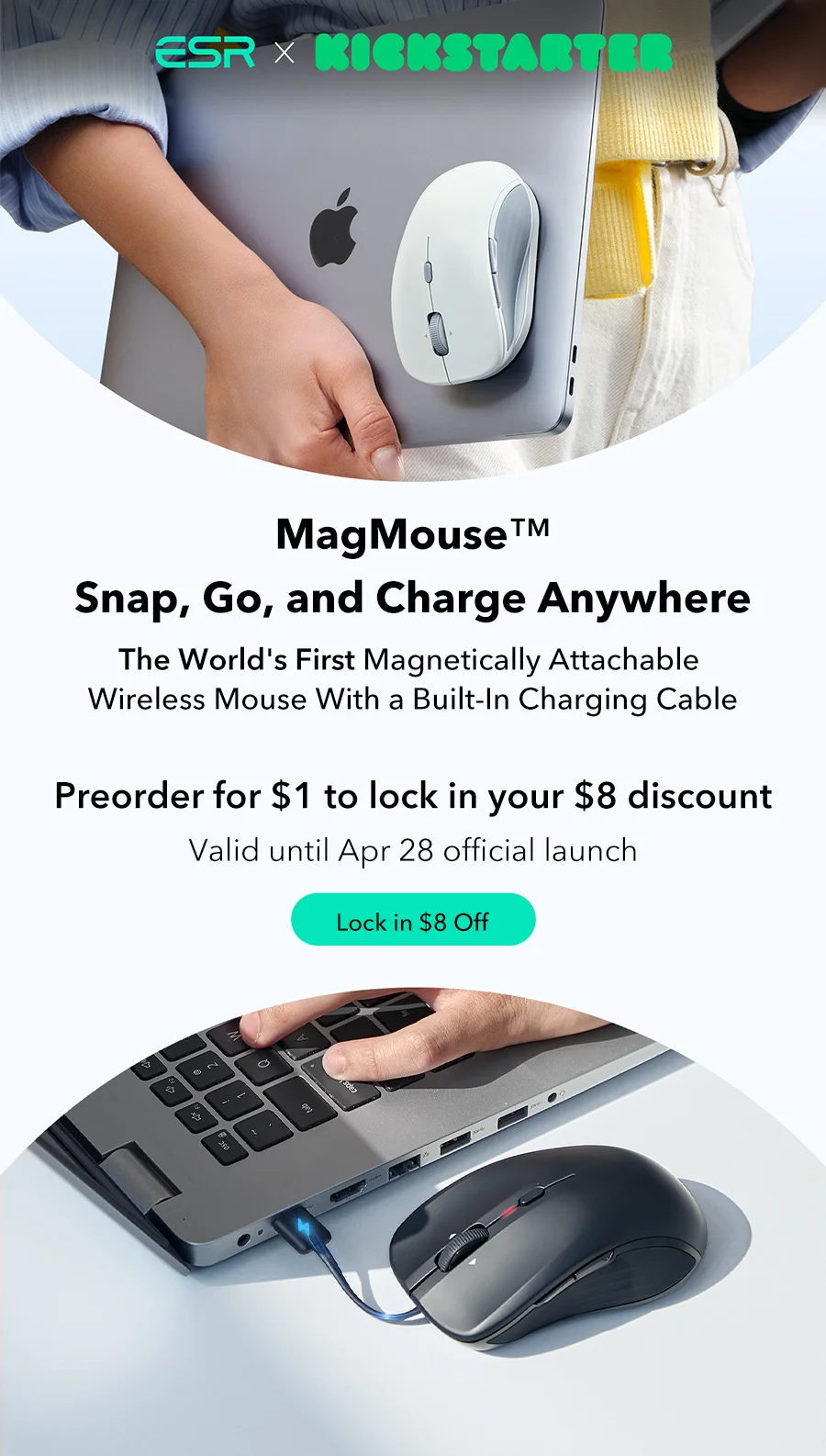 The World's First  Magnetically Attachable Wireless Mouse  With a Built-in Charging Cable