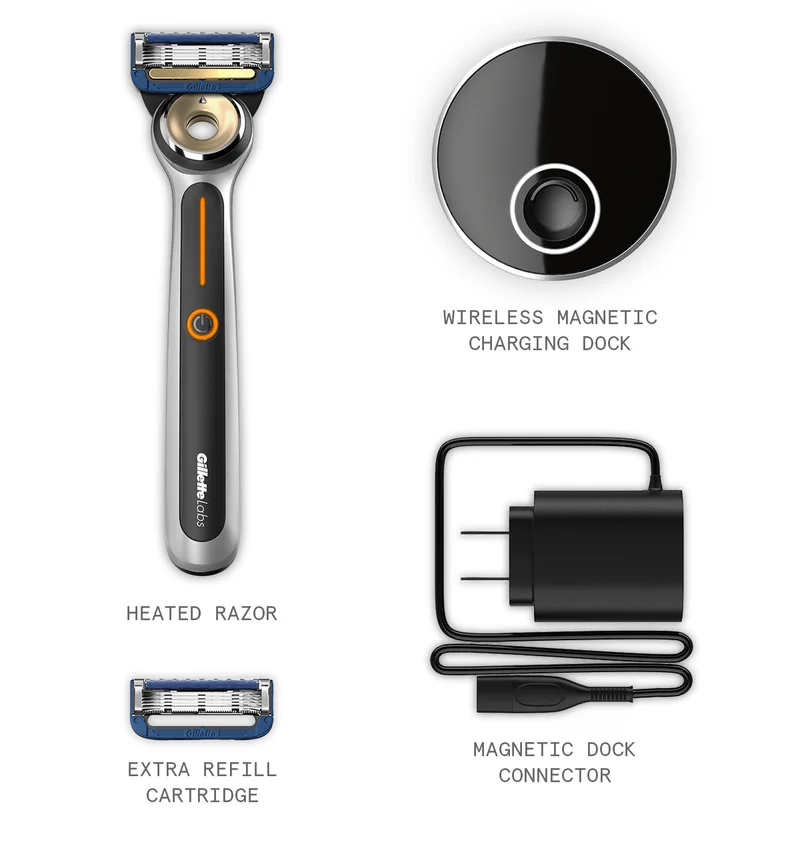Heated Razor, Extra refill cartridge, wireless magnetic charging dock, magnetic dock connector