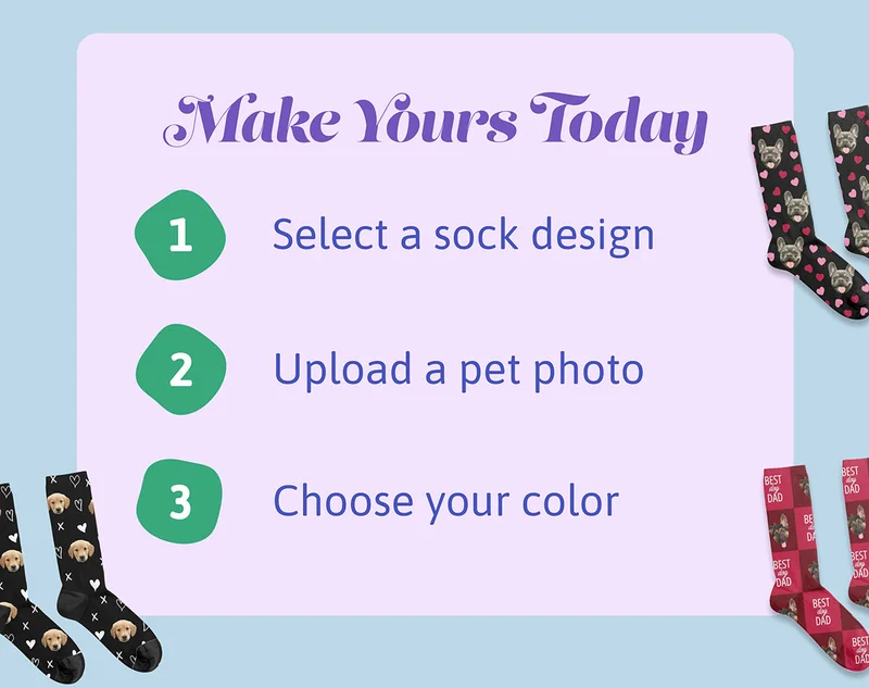 Make Yours Today. 1. Select a template 2. Upload your pet photo 3. Choose a sock color
