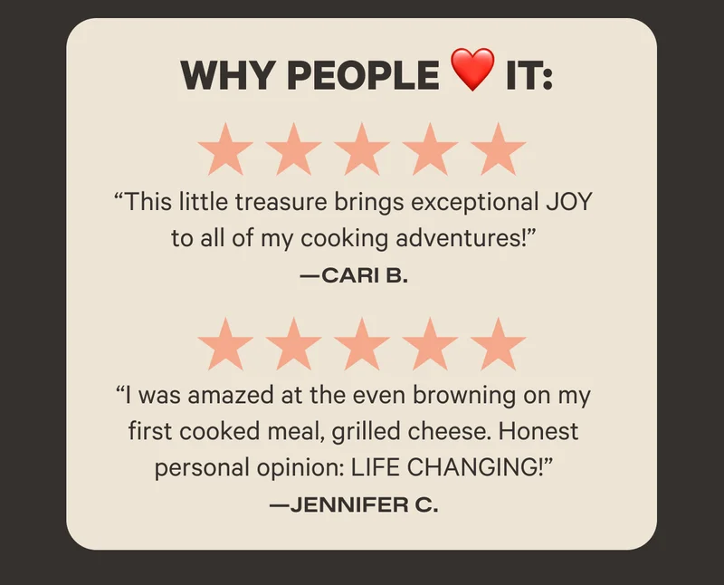 Why People Love It: - Five Stars: "This little treasure brings exceptional JOY to all of my cooking adventures" - Cari B. - Five Stars: "I was amazed at the even browning on my first cooked meal, grilled cheese. Honest personal opinion: LIFE CHANGING!" - Jennifer C.