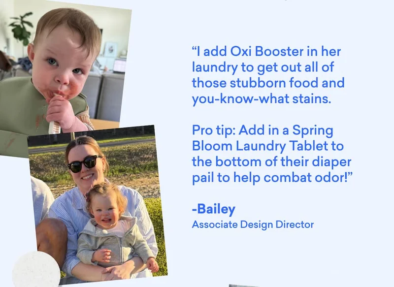 Bailey adds a Spring Bloom Laundry Tablet to the bottom of the diaper pail to combat odor.