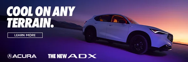 Acura footer ad. Image is of a white Acura vehicle in the desert with a purple and yellow sunset. Text reads Cool on any terrain. Learn more. Acura. The new ADX.