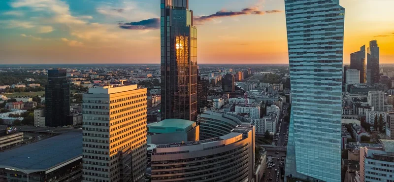 Elevated view of Warsaw downtown at sunset