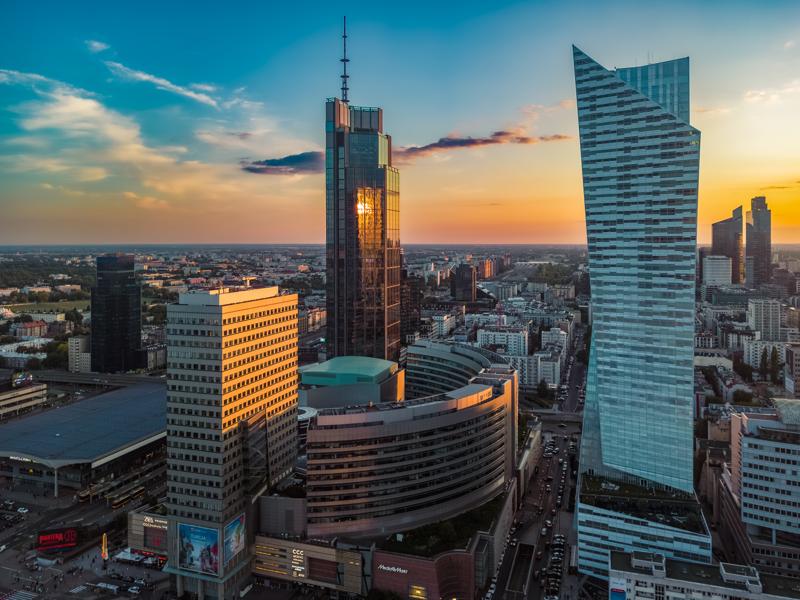 Elevated view of Warsaw downtown at sunset