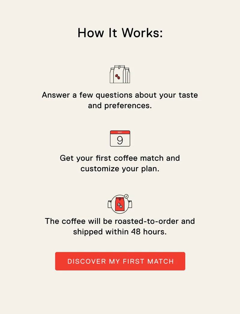 Answer a few questions about your taste and preferences. Get your first coffee match and customize your plan. The coffee will be roasted-to-order and shipped within 48 hours. Discover my first match.
