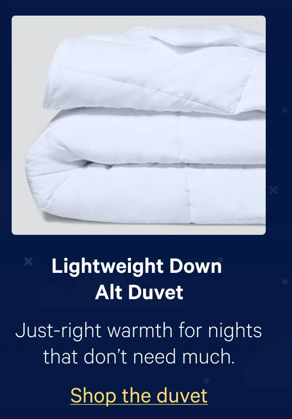 Lightweight Down Alt Duvet; Just-right warmth for nights that don't need much.