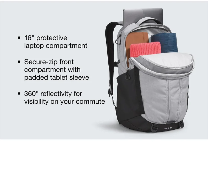16" protective laptop compartment - Secure-zip front compartment with padded tablet sleeve - 360° reflectivity forv visibility on your commute