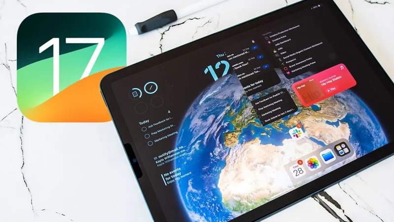 An iPad sits on a marble surface with an Apple Pencil lying above it and the number 17 on the left.