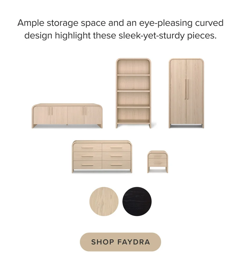 Ample storage space and a relaxed, sloping design highlight these sleek-yet-sturdy pieces.