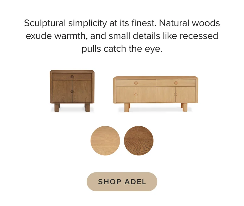 Sculptural simplicity at its finest. Natural woods exude warmth, and small details like recessed pulls catch the eye.