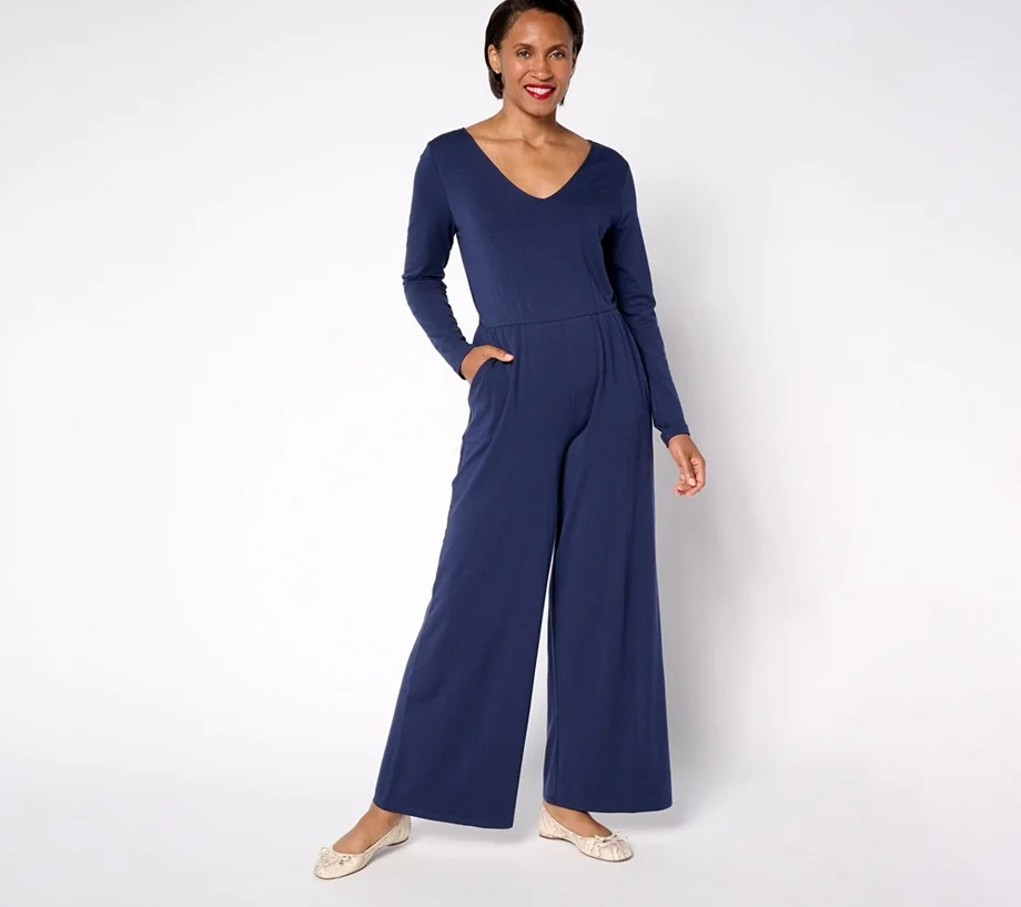 AnyBody Cozy Knit Long Sleeve V-Neck Jumpsuit