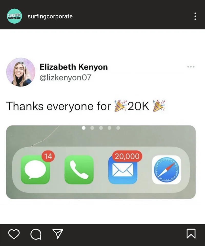 Elizabeth Kenyon @lizkenyon07 on Instagram says, 'Thanks everyone for 20,000' with a screenshot of 20,000 email notifications on iPhone