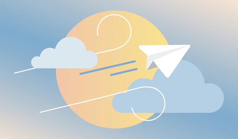 A sun with clouds and a paper airplane flying by.
