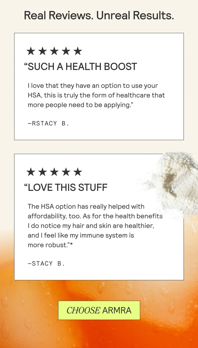 Five-star customer reviews praising ARMRA and HSA/FSA eligibility.