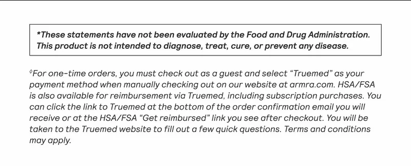 FDA disclaimer and HSA/FSA reimbursement information text.