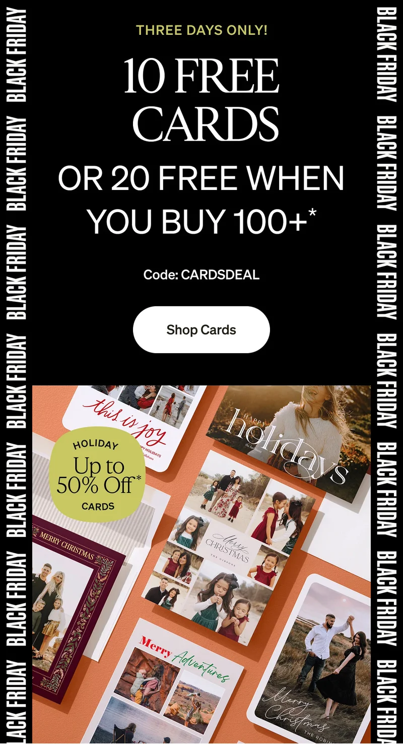 10 Free Cards + Up to 50% Off Holiday Cards