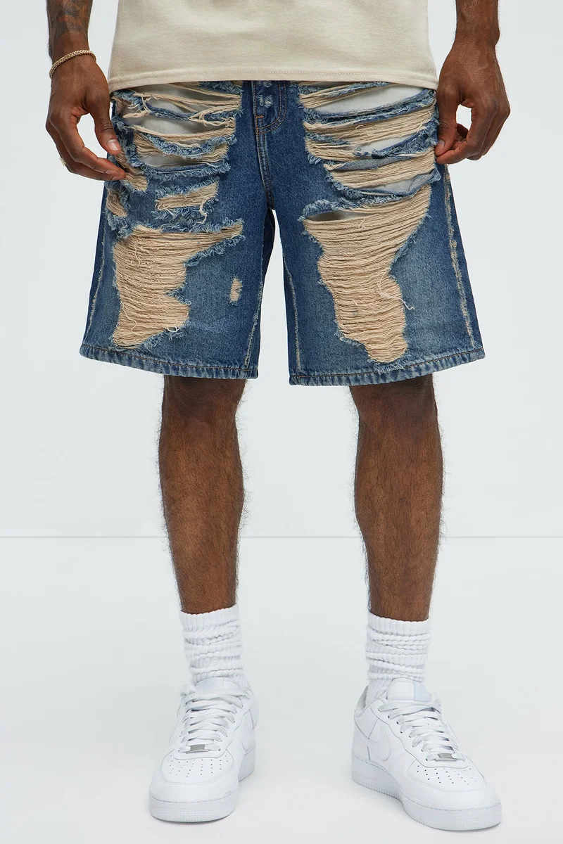 Image of Run It Up Relaxed Distressed Denim Shorts - Medium Blue Wash