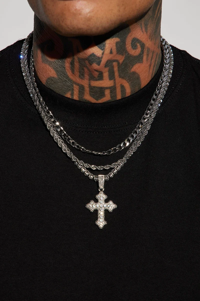 Image of Iced Out Cross Out 3 Piece Chain Necklace - Silver