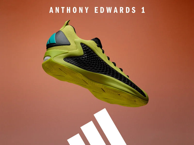 Anthony Edwards 1 Preloved Lime footwear floating above an adidas logo.