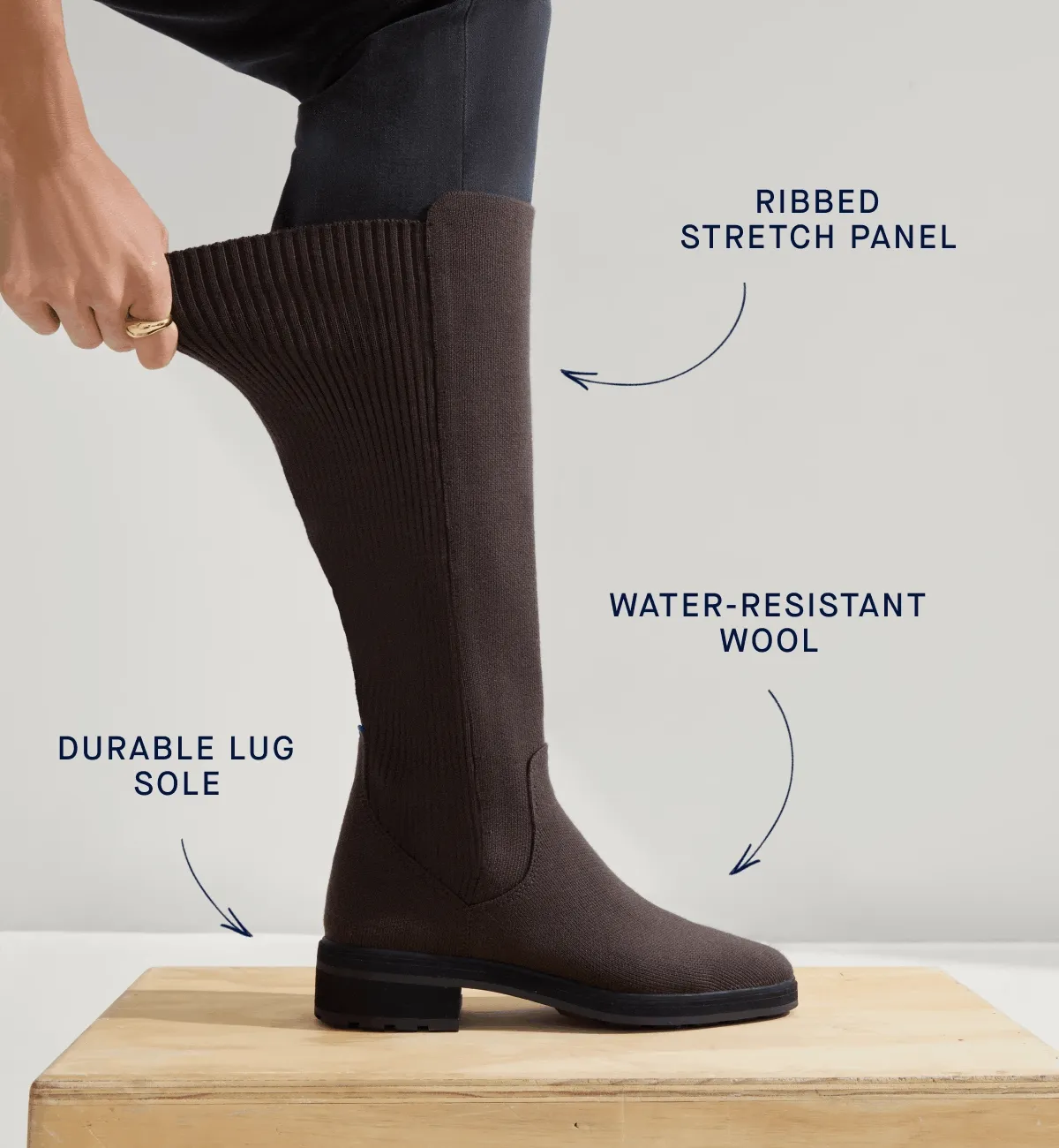 Ribbed stretch panel Water-resistant Durable lug sole