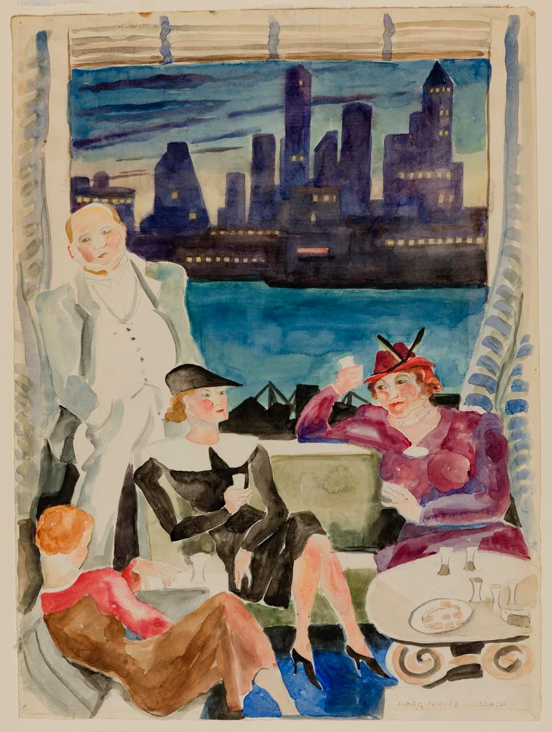 A watercolor of a four people drinking and talking at a party with the city skyline in the background