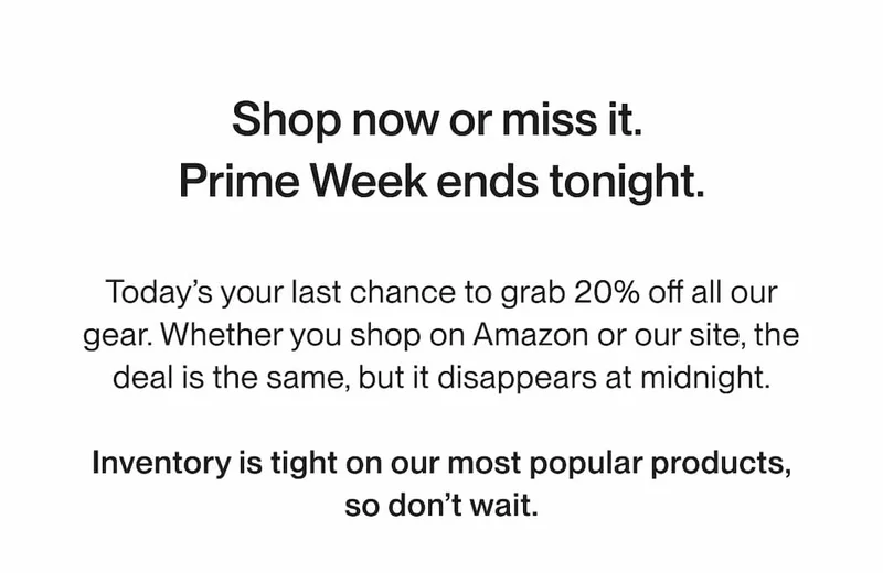 Text announcing final hours of Prime Week: Shop now or miss it. 20% off all UNIT 1 gear ends tonight.
