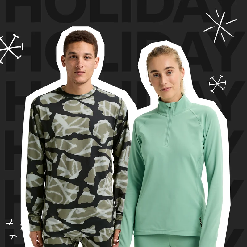 Overlay images of a male and female model wearing Burton Base Layers, with the text Holiday repeated in black in the background