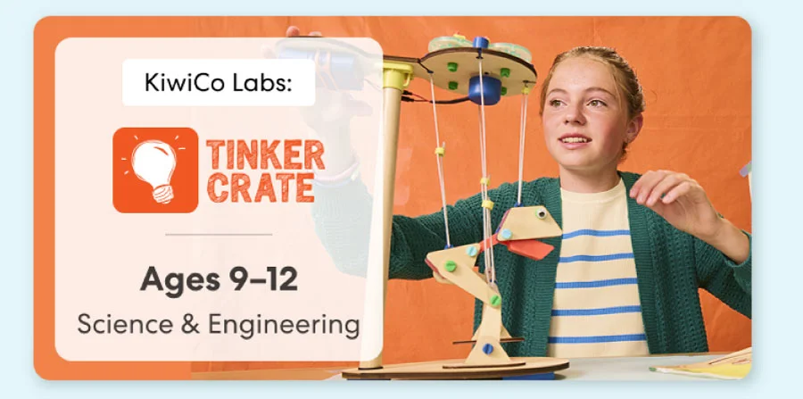 Boy building an engineering project from KiwiCo Labs, suitable for ages 9–11. Perfect for exploring engineering concepts.