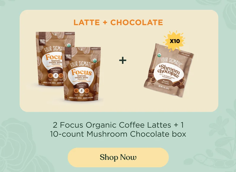 Latte + chocolate | 2 focus organic coffee lattes + 1 10-count mushroom chocolate box | shop now