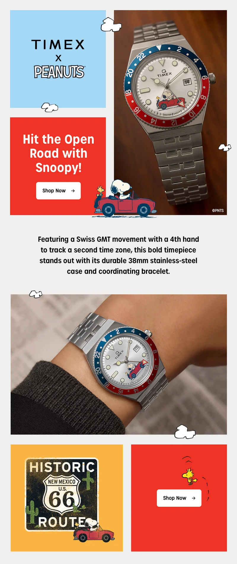 TIMEX X PEANUTS | Hit the Open Road with Snoopy | Shop Now | Featuring a Swiss GMT movement with a  4th hand to truck a second time zone, this bold timepiece stands out with its durable 38mm stainless-steel case and coordinating bracelet. | Shop Now