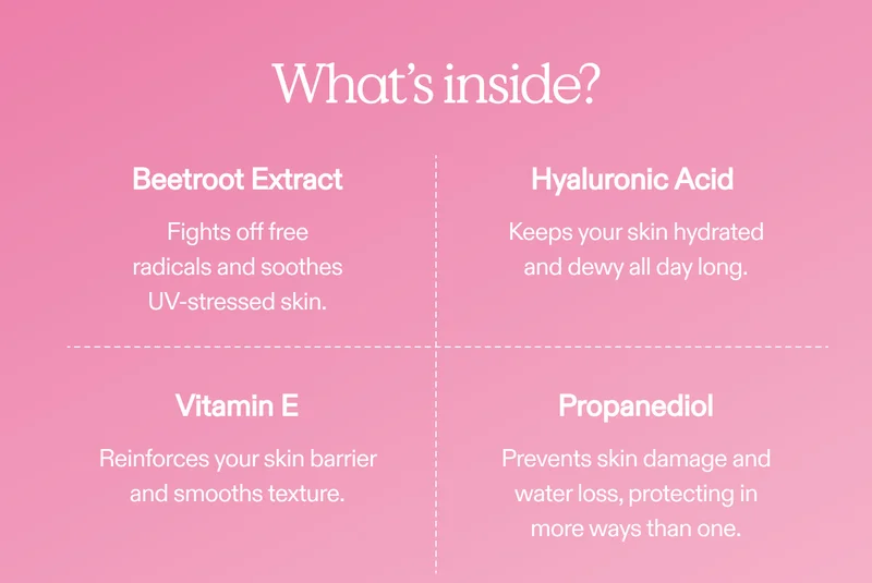 What’s inside? Beetroot Extract fights off free radicals and soothes UV-stressed skin. Hyaluronic Acid keeps your skin hydrated and dewy all day long. Vitamin E reinforces your skin barrier and smooths texture. Propanediol Prevents skin damage and water loss, protecting in more ways than one.