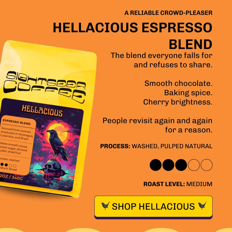 A RELIABLE CROWD-PLEASER HELLACIOUS ESPRESSO BLEND The blend everyone falls for and refuses to share.  Smooth chocolate. Baking spice. Cherry brightness.  People revisit again and again for a reason. Process: Washed, pulped natural  Roast Level: Medium 🐦‍⬛️️ Shop HELLACIOUS 🐦‍⬛
