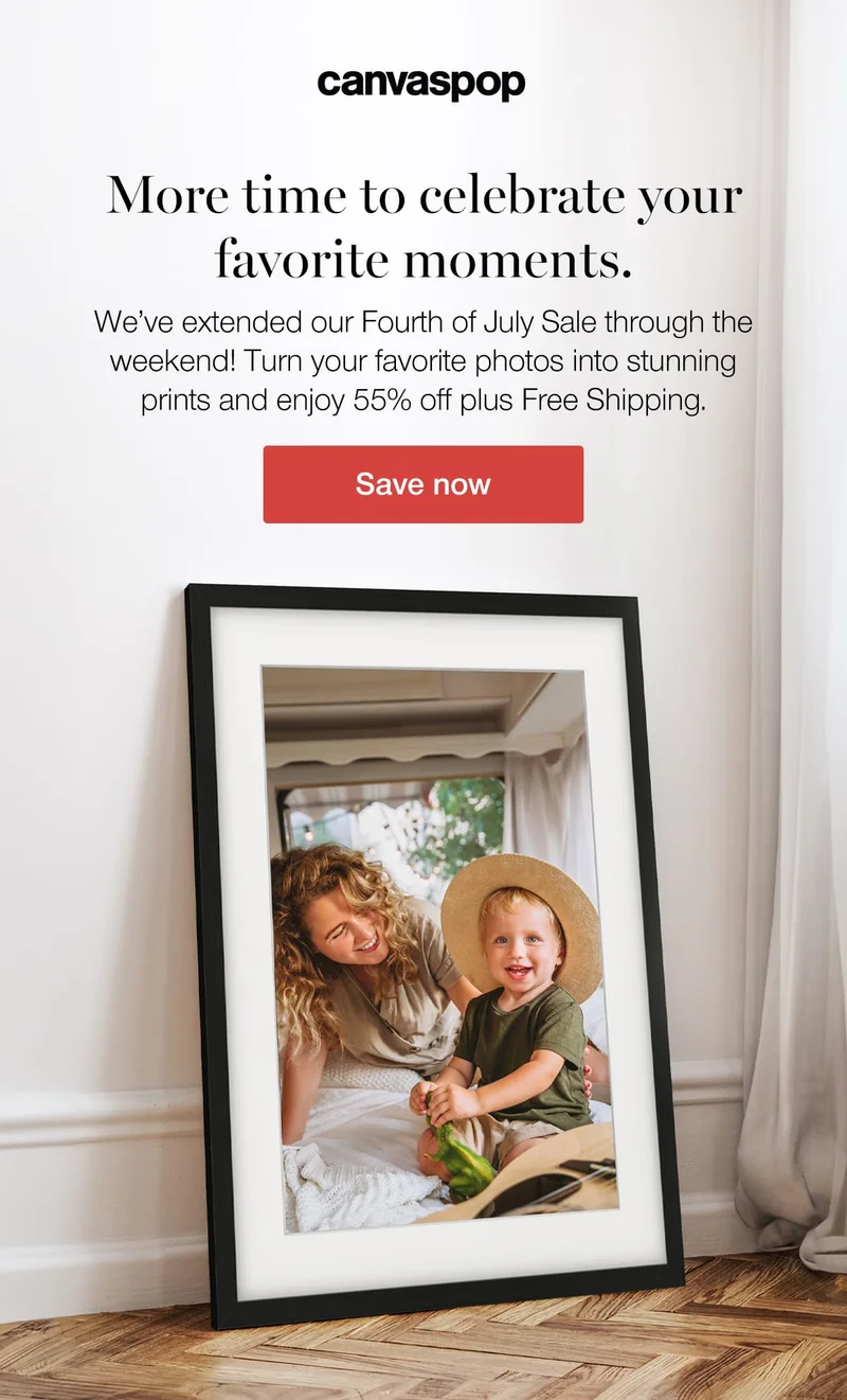 More time to celebrate your favorite moments. We've extended our Fourth of July sale through the weekend! Turn your favorite photos into stunning prints and enjoy 55% off plus Free Shipping.