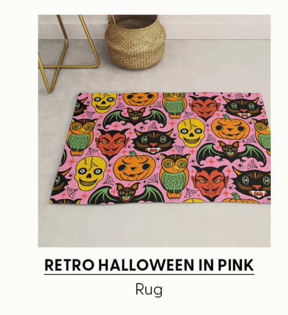 Retro Halloween in Pink - Skull Black Cat Devil Pumpkin Bat Owl Motifs Rug