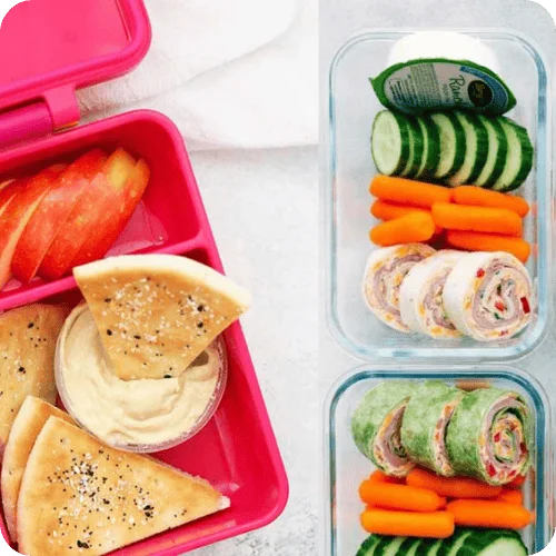 School lunch ideas like pinwheel sandwiches and hummus with pita School lunch ideas like pinwheel sandwiches and hummus with pita
