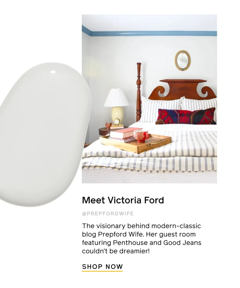 Meet Victoria Ford @prepfordwife. The visionary behind modern-classic blog Prepford Wife. Her guest room featuring Penthouse and Good Jeans couldn't be dreamier! SHOP NOW