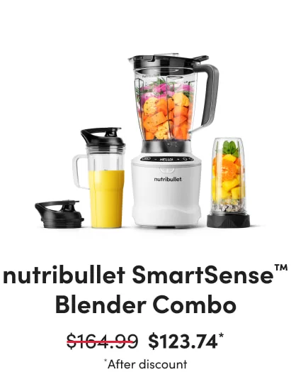 nutribullet SmartSense blender combo featuring a smart blender base, pitcher, and additional blending cups filled with fruits and smoothies.
