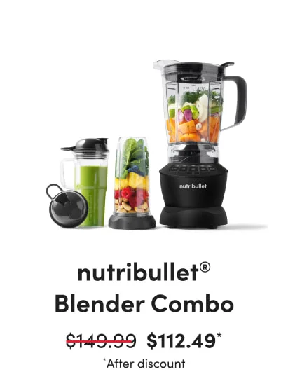 nutribullet blender combo including a full-sized blender, personal cups, lids, and blending accessories arranged on a white background.