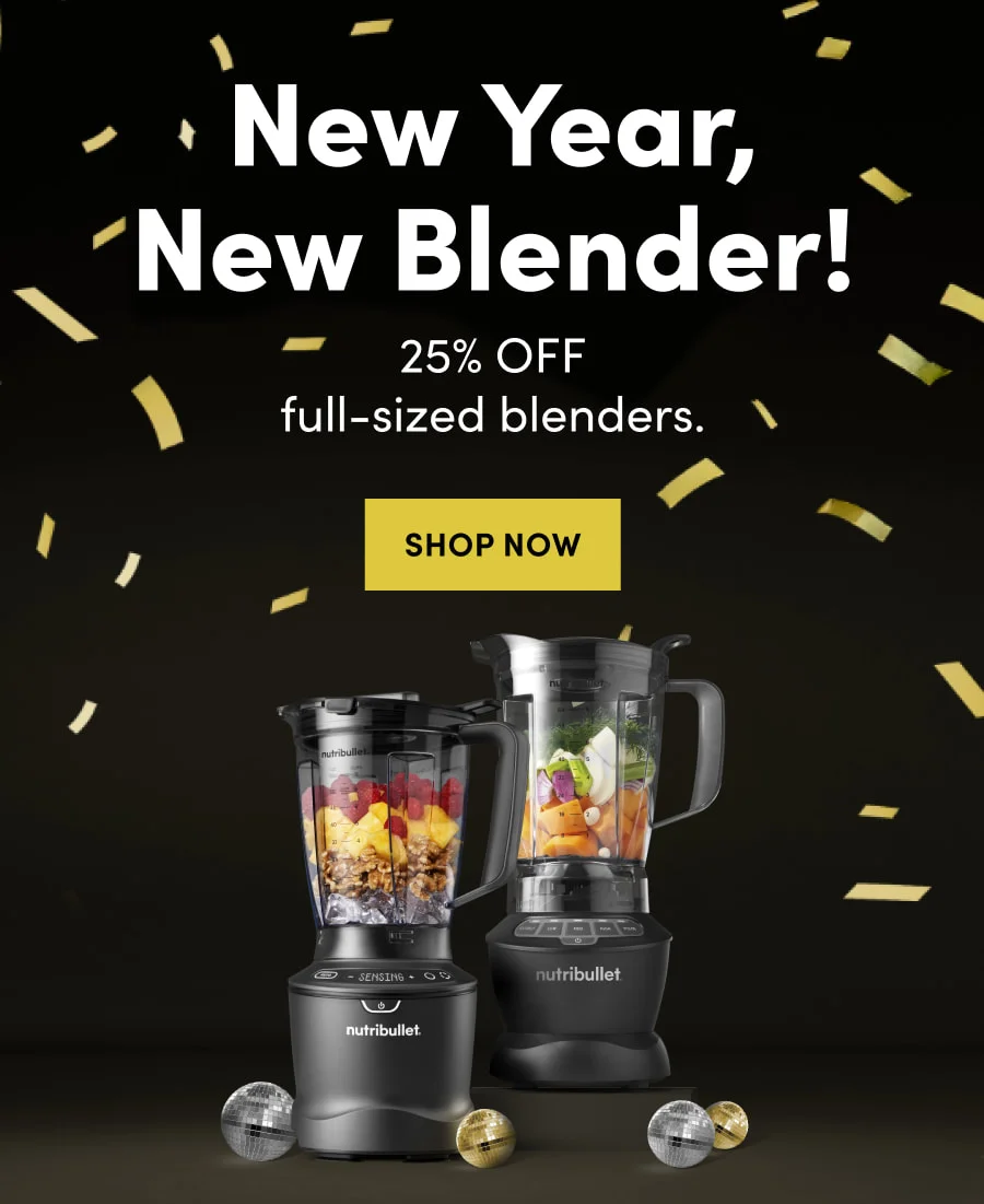 Promotional hero image showing two nutribullet full-sized blenders filled with fresh ingredients, surrounded by gold confetti, highlighting a New Year sale.