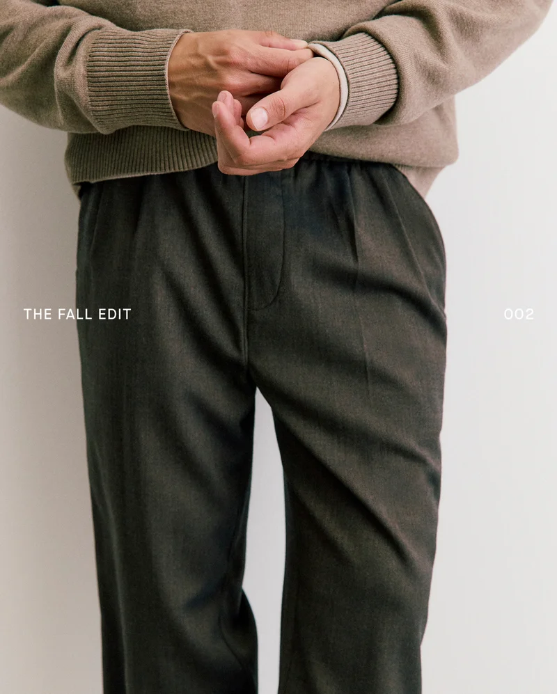 Image | The Fall Edit 002 | Model in Luxe Merino Double-Knit Sweater and Pleated Trouser in Tailor Twill.