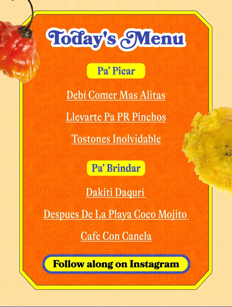 Today's Menu Pa’ Picar: Debí Comer Mas Alitas  Llevarte Pa PR Pinchos Tostones Inolvidable Pa’ Brindar [mocktails]: Dakiti Daquri  Despues De La Playa Coco Mojito  Cafe Con Canela. Follow along on Instagram