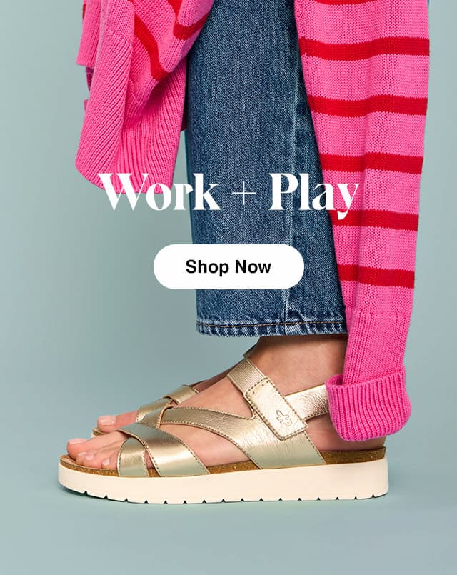 Woman in pink-and-red striped sweater, blue jeans and the Savoy sandal in metallic Champagne. The email says Work + Play! Shop Now.