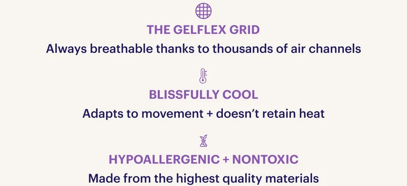 The GelFlex Grid&nbsp; Always breathable thanks to thousands of air channels - Blissfully cool Adapts to movement + doesn’t retain heat - Hypoallergenic + nontoxic Made from the highest quality materials