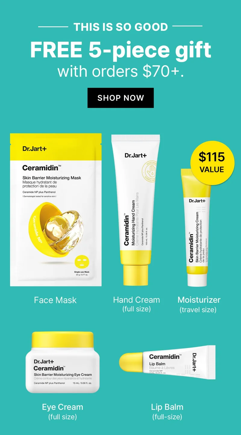 THIS IS SO GOOD | FREE 5-piece gift with orders $70+. | SHOP NOW | $115 VALUE | Face Mask | Hand Cream (full size) | Moisturizer (travel size) | Eye Cream (full size) | Lip Balm (full-size)