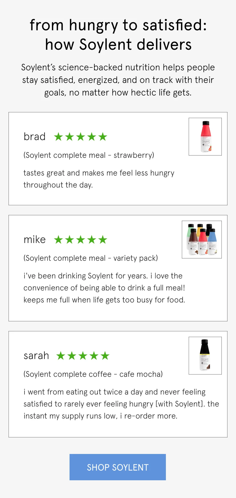 5 star customer reviews for Soylent. from hungry to satisfied: how Soylent delivers   Soylent’s science-backed nutrition helps people stay satisfied, energized, and on track with their goals, no matter how hectic life gets.       Tastes great and makes me feel less hungry throughout the day.   Brad (strawberry, 5 stars)       I've been drinking Soylent for years. I love the convenience of being able to drink a full meal! Keeps me full when life gets too busy for food.   Mike (5 stars, variety pack)       I went from eating out twice a day and never feeling satisfied to rarely ever feeling hungry [with Soylent]. The instant my supply runs low, I re-order more.   Sarah (5 stars, cafe mocha)