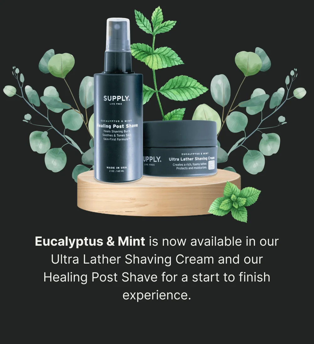 Eucalyptus & Mint is now available in our Ultra Lather Shaving Cream and our Healing Post Shave for a start to finish experience.