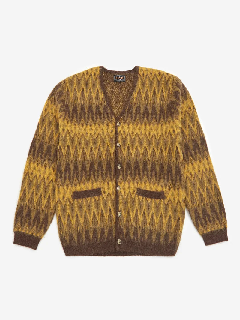 Image of Beams Plus Cardigan Double Jacquard Chevron Pattern - Brown