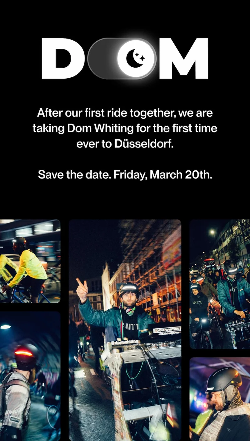 Dom Whiting event announcement with text about the first ride together in Düsseldorf on Friday, March 20th, above a collage of night ride photos.