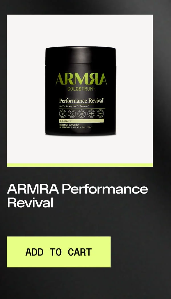 Product card displaying the ARMRA Performance Revival Colostrum jar with Add to Cart button.